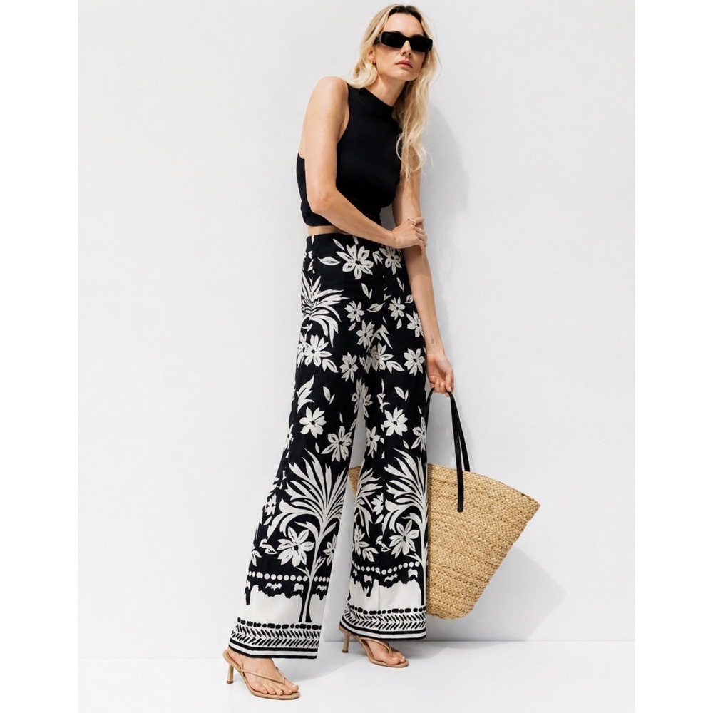 Mango MNG Satin Wide Leg Pants Women 4 Black Floral Tropical Bohemian Classy